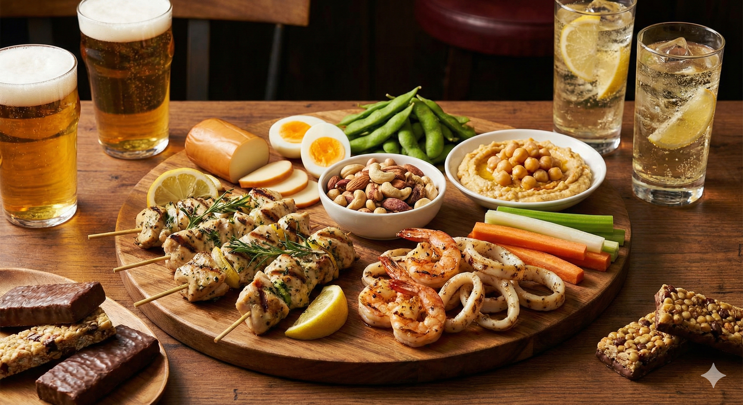 飲み会の最中に、焼き鳥（塩）や枝豆、刺身などの「高タンパクなおつまみ」