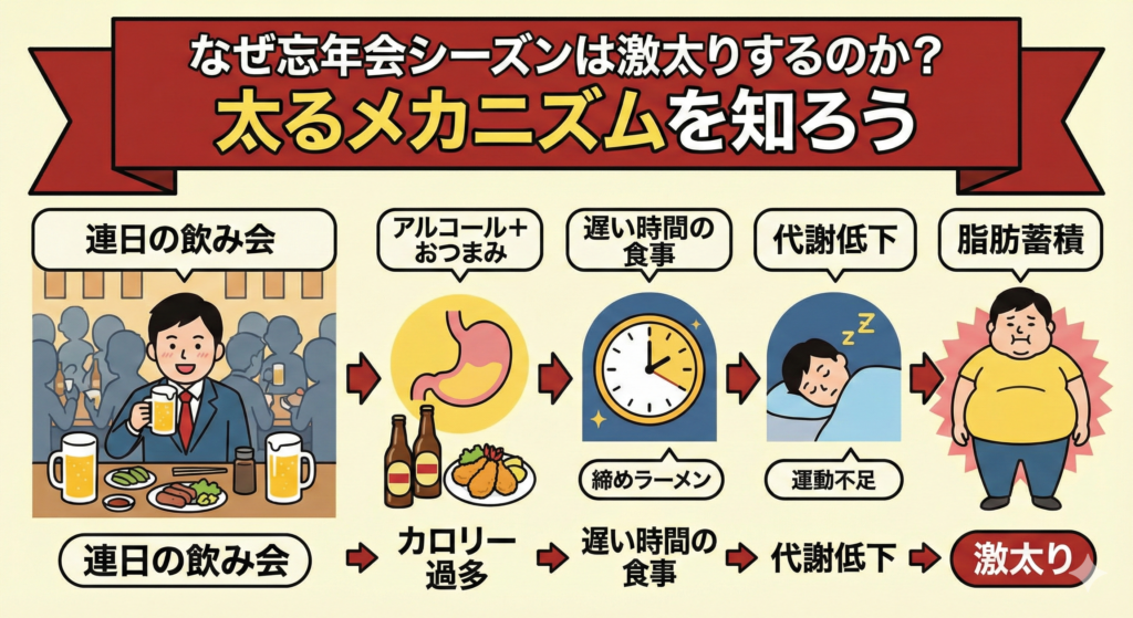 なぜ忘年会シーズンは激太りするのか？太るメカニズムを知ろう