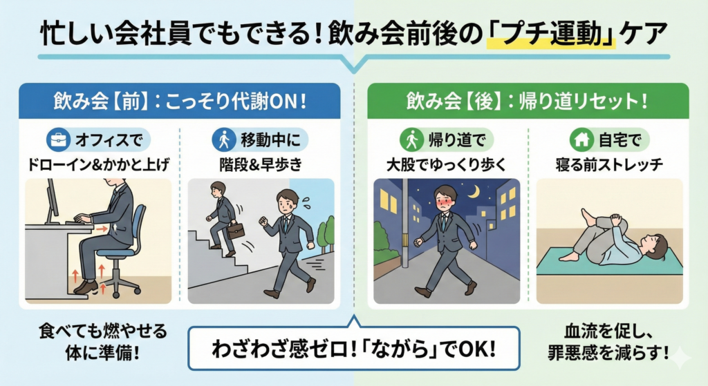 忙しい会社員でもできる！飲み会前後の「プチ運動」ケア