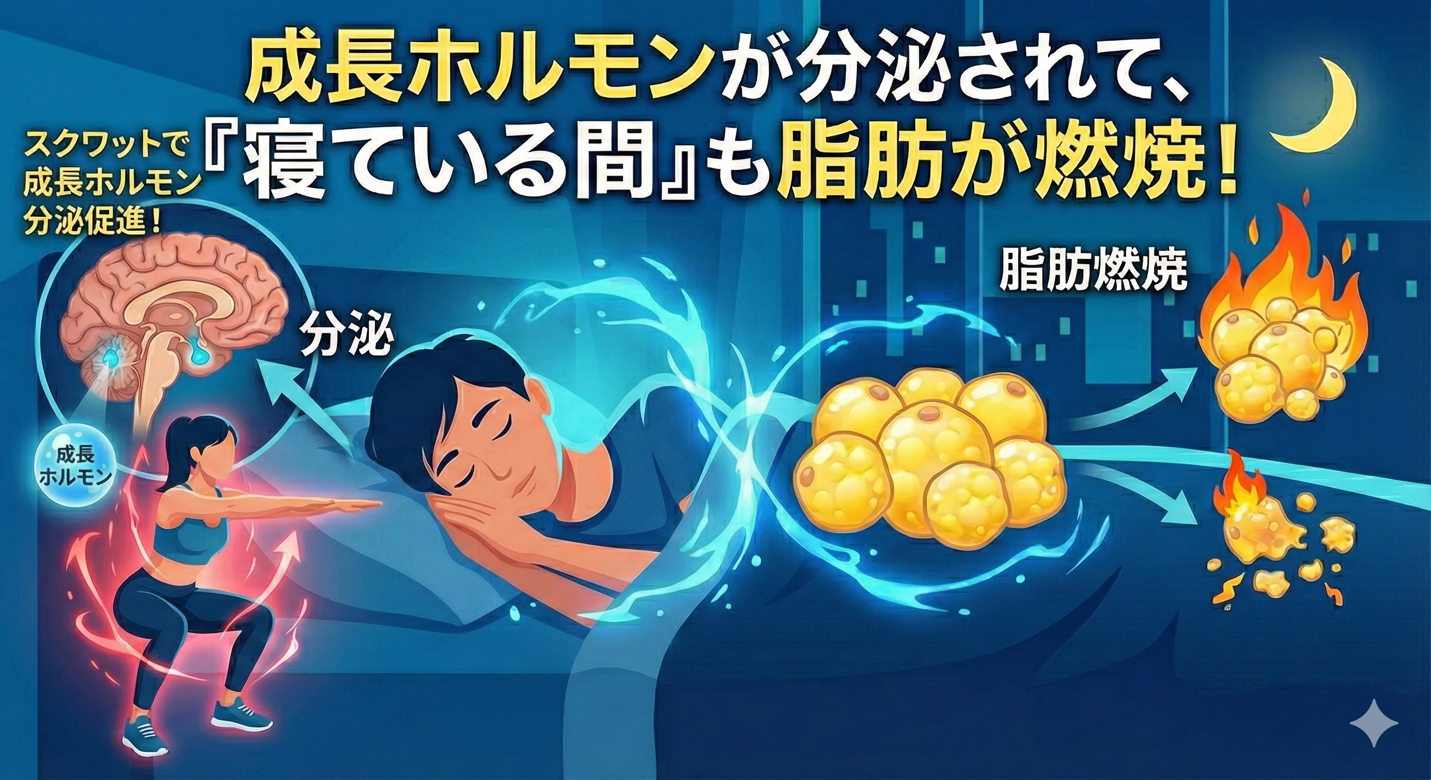 スクワットで成長ホルモン分泌睡眠中も脂肪燃焼