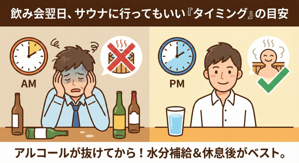 飲み会翌日、サウナに行ってもいい「タイミング」の目安のH2見出し用画像を作って