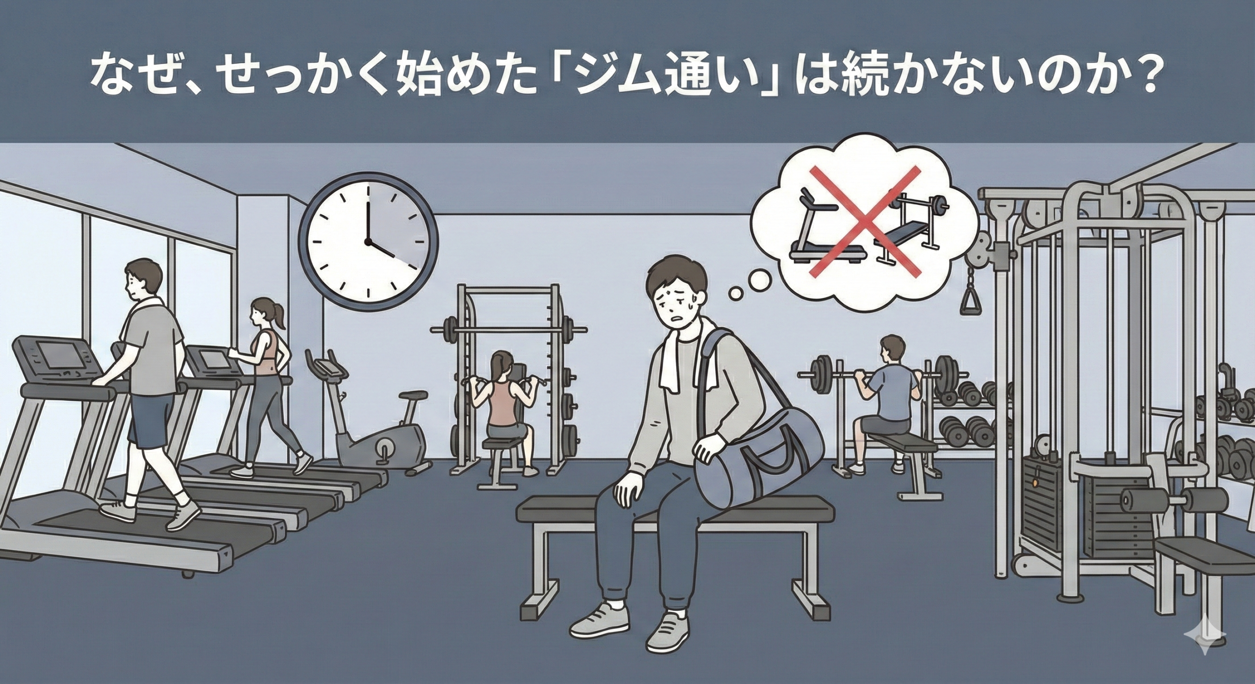 なぜ、せっかく始めた「ジム通い」は続かないのか？のH2見出しについての画像をわかりやすく作って